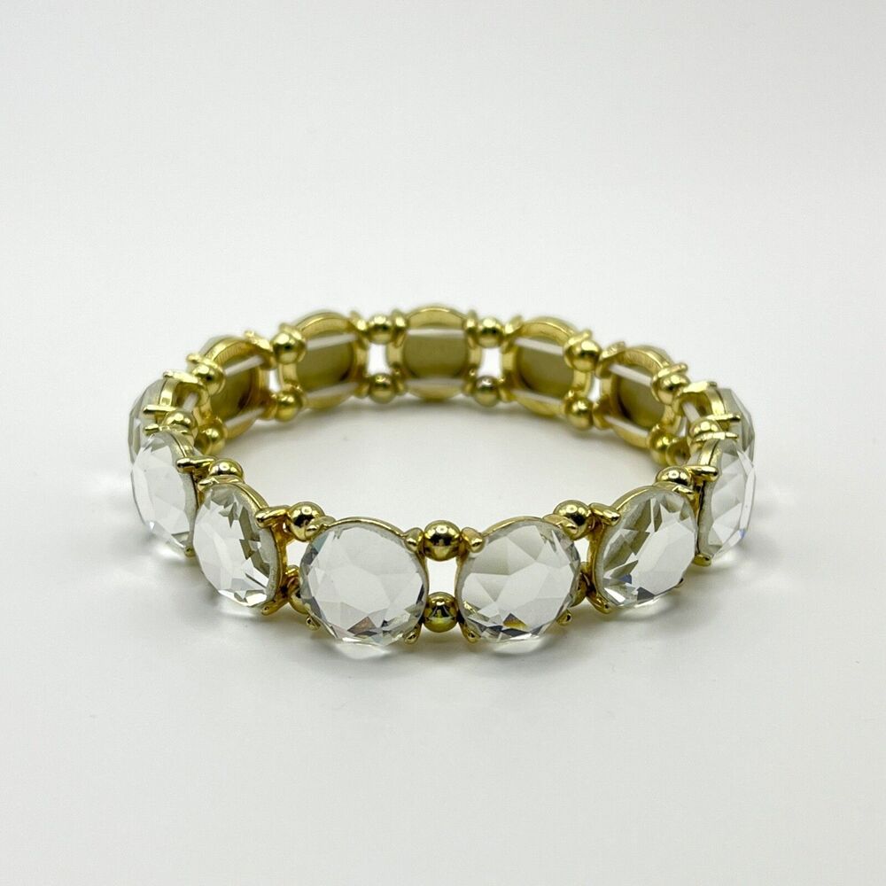Rhinestone Bracelet Gold Tone Clear Round Faceted Glass Elastic Stretch Jewelry